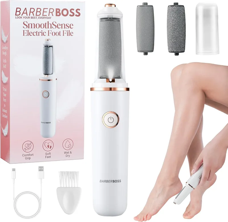 BARBERBOSS ▫️ Lima eléctrica para pés removedor de calosidades para os pés, kit recarregável para pedicura, cabeças de rolo grossas e finas, carregamento USB, tampa protetora, removedor de calos portátil, QR-5101