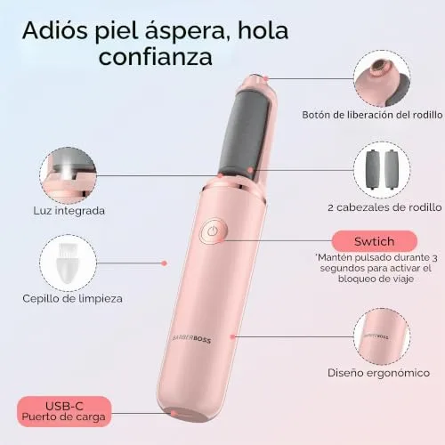 BARBERBOSS ▫️ Lixa elétrica para pés, removedor de calos para pés, kit de pedicure recarregável, cabeças de rolo finas e grossas, carregamento por USB, tampa protetora (Rosa) 4