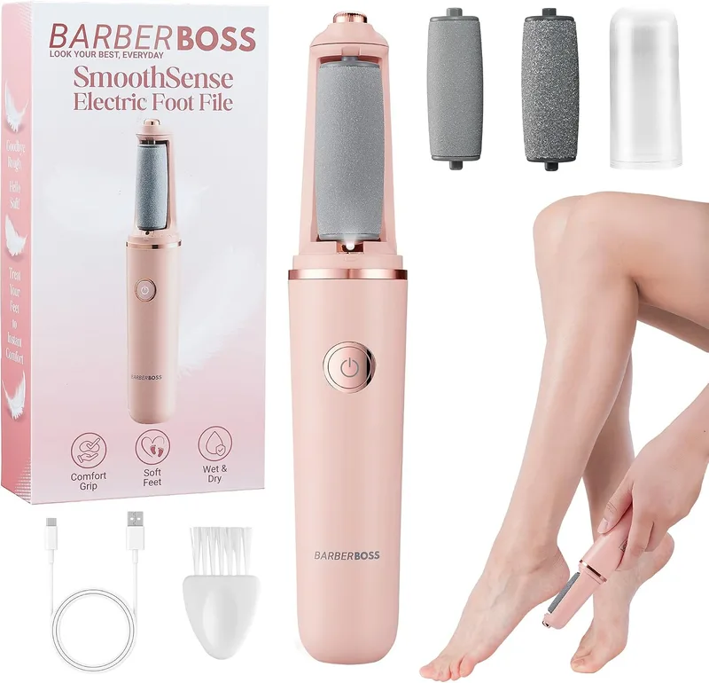 BARBERBOSS ▫️ Lixa elétrica para pés, removedor de calos para pés, kit de pedicure recarregável, cabeças de rolo finas e grossas, carregamento por USB, tampa protetora (Rosa)
