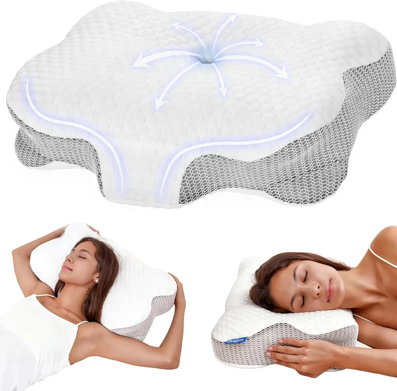 Dozion ▫️ Almofada cervical e de pescoço, almofada cervical ergonómica de espuma viscoelástica, almofada ortopédica para apoio da cabeça/pescoço/ombro, dormir de lado, de barriga para cima e de barriga para baixo (branca)