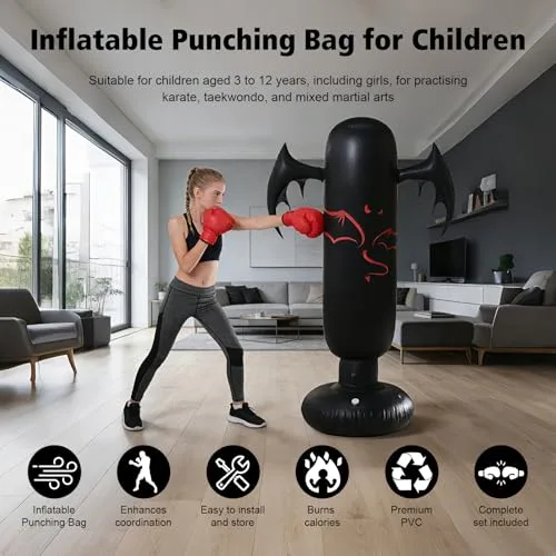 Gevvnss ▫️ Saco de boxe para crianças de 160 cm com luvas e bomba, 6-12 anos, base de 65 cm para água/areia, com efeito de ricochete, PVC resistente, saco de boxe de pé para fitness, treino e alívio do stress para meninos e meninas 2