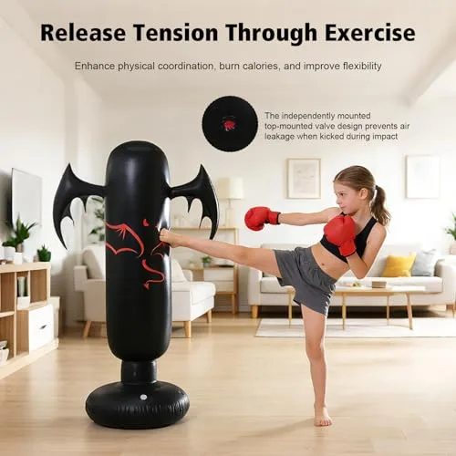 Gevvnss ▫️ Saco de boxe para crianças de 160 cm com luvas e bomba, 6-12 anos, base de 65 cm para água/areia, com efeito de ricochete, PVC resistente, saco de boxe de pé para fitness, treino e alívio do stress para meninos e meninas 4