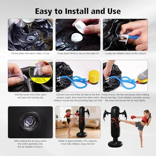 Gevvnss ▫️ Saco de boxe para crianças de 160 cm com luvas e bomba, 6-12 anos, base de 65 cm para água/areia, com efeito de ricochete, PVC resistente, saco de boxe de pé para fitness, treino e alívio do stress para meninos e meninas 6