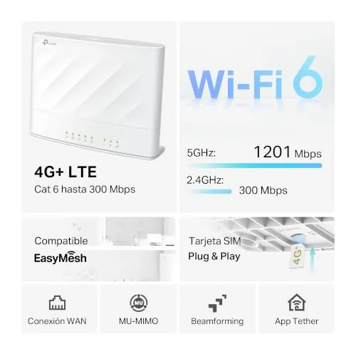 TP-Link ▫️ Archer MX1500 - Router 4G+ AX1500 LTE de banda dupla – Velocidade até 1201 Mbps + 300 Mbps, compatível com EasyMesh e a aplicação Tether, ideal para casas e escritórios sem ligação DSL 5