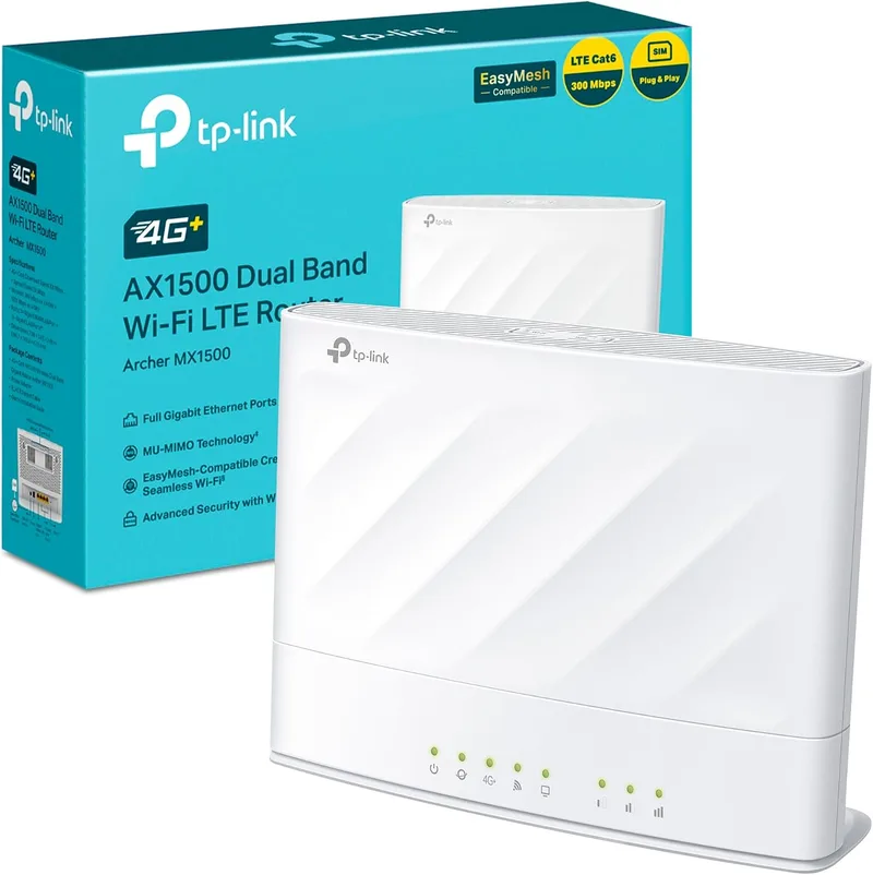 TP-Link ▫️ Archer MX1500 - Router 4G+ AX1500 LTE de banda dupla – Velocidade até 1201 Mbps + 300 Mbps, compatível com EasyMesh e a aplicação Tether, ideal para casas e escritórios sem ligação DSL