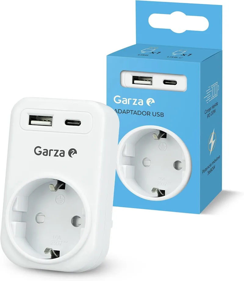 Garza ▫️ Adaptador de ficha 3 em 1 com 1 tomada Schuko + 1 USB-A QC3.0 + 1 USB-C PD20W, carregamento rápido 20W, à prova de crianças, 3680W, portátil e seguro - Branco
