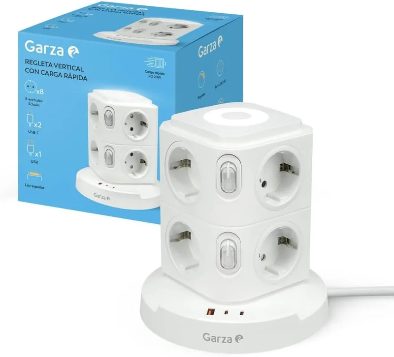 Garza ▫️ Faixa de alimentação em torre 11 em 1 com 8 tomadas Schuko, 2 USB-C e 1 USB-A, carregamento rápido, luz nocturna regulável, interruptores individuais, proteção contra sobrecarga e curto-circuito, branco