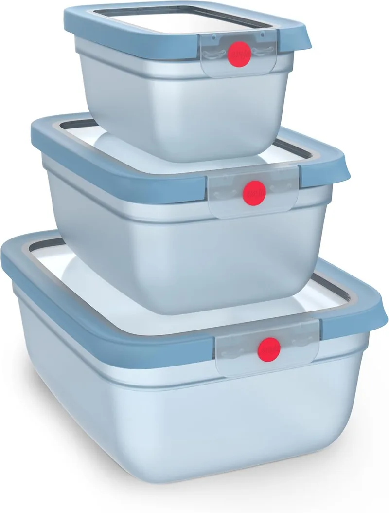 Emsa ▫️ oneClick, Recipiente para alimentos, Sistema de um clique, Alimentos frescos 2X mais tempo, 100% hermético, Azul, Conjunto de poupança de espaço 3 peças, 0,75 L, 1,50 L, 3,0 L, N1231400