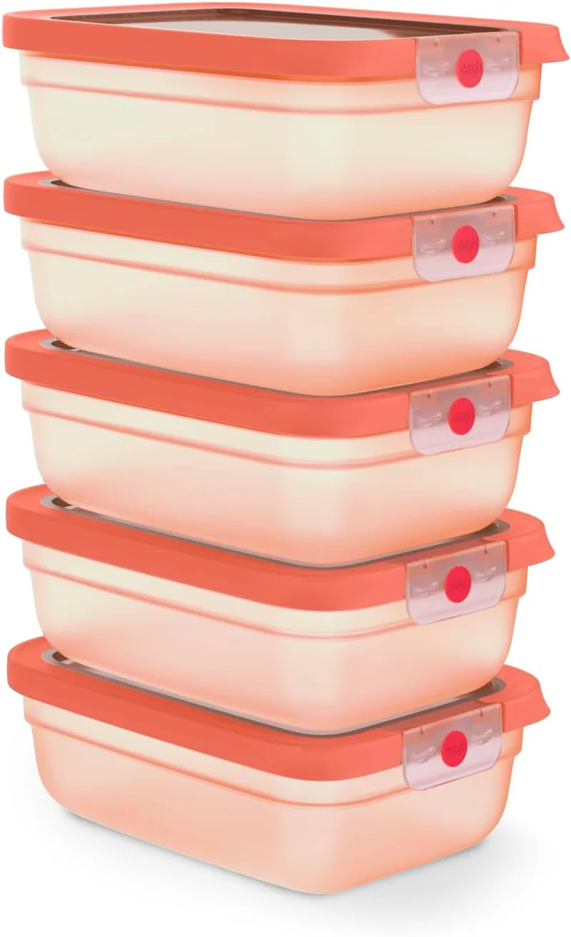 Emsa ▫️ oneClick, Recipiente de armazenamento de alimentos, One-Click, abre e fecha sem esforço, 2 vezes mais fresco, 100% hermético, empilhável, Conjunto de 5 peças Laranja, 5X 1,20L, N1231800