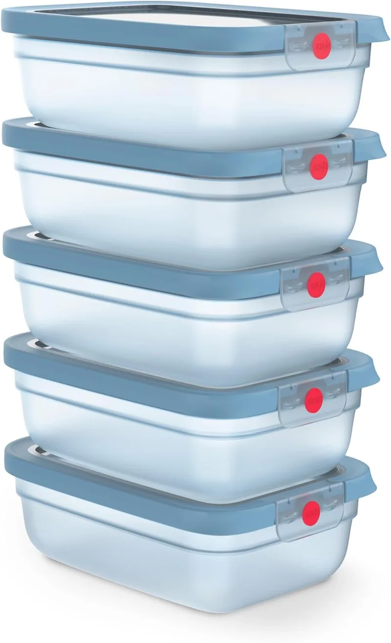 Emsa ▫️ oneClick, Recipiente para alimentos, Sistema One-Click, Fresco 2X mais tempo, 100% Anti-Vazamento, Fabricado na Alemanha, Azul, Conjunto de preparação de refeições 5 peças 5X 1,20 L / 40,6 FL oz, N1231200