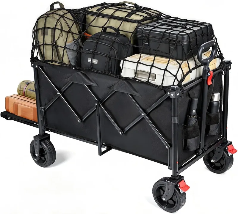 YEAUPE PRO ▫️ Carrinho de Transporte Dobrável - Carga 200kg, Fundo Dobrável para Artigos Longos. Carrinho de praia com travões, para praia, campismo, pesca, transporte familiar - 160-240L, preto grafite