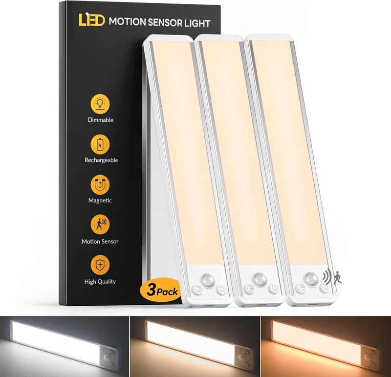 FILIYANO ▫️ Luzes LED para cozinha para debaixo dos armários com sensor de movimento, 20 cm - Iluminação para debaixo dos armários com 3 cores, fita de luz LED recarregável e regulável, luz magnética sem fios para interiores - Conjunto de 3