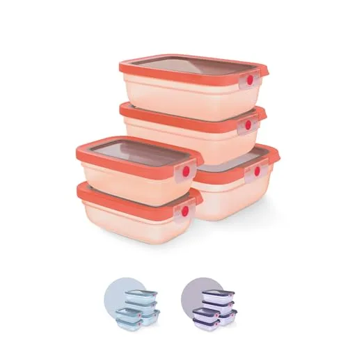 Emsa ▫️ oneClick, recipiente para armazenamento de alimentos, um clique, abre e fecha sem esforço, mantém os alimentos 2 vezes mais frescos, 100% hermético, empilháveis, conjunto de 5 peças em laranja, 2x 0,50 L, 2x 1,20 L, 1x 2,30 L, N1230900 2