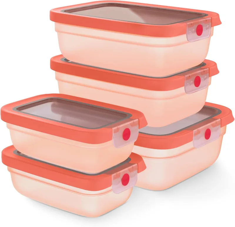 Emsa ▫️ oneClick, recipiente para armazenamento de alimentos, um clique, abre e fecha sem esforço, mantém os alimentos 2 vezes mais frescos, 100% hermético, empilháveis, conjunto de 5 peças em laranja, 2x 0,50 L, 2x 1,20 L, 1x 2,30 L, N1230900