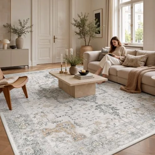 GENIMO ▫️ Tapete de Sala Vintage, Tapetes de Área Laváveis na Máquina, Tapetes com Base Antiderrapante, Tapete de Quarto de Pêlo Curto para Cozinha, Sala de Jantar, Castanho Claro Taupe, 240 x 300 cm 7