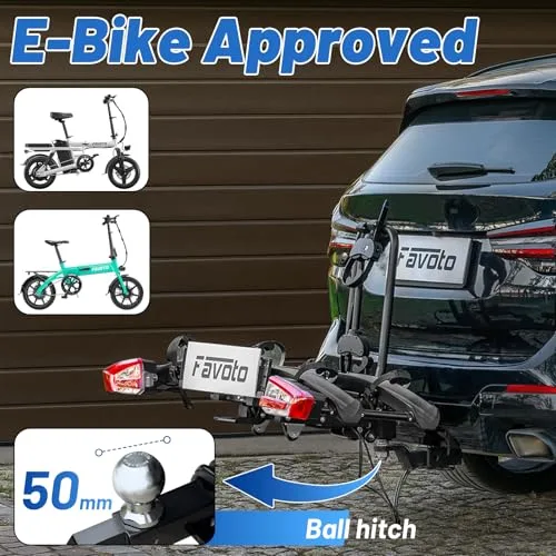 Favoto ▫️ Suporte para bicicletas E-Bike com rampa dobrável – Suporte de bola para 2 bicicletas (60 kg), em alumínio, antirroubo, luzes de 13 pinos e suporte para matrícula 2