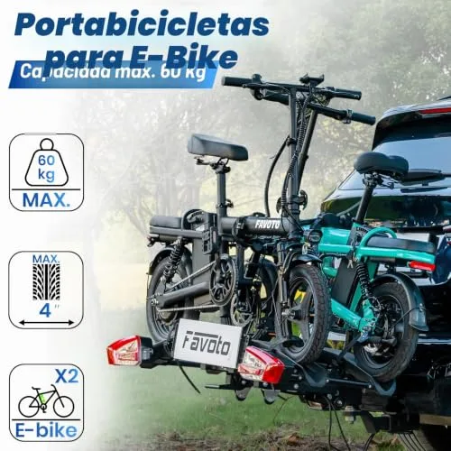 Favoto ▫️ Suporte para bicicletas E-Bike com rampa dobrável – Suporte de bola para 2 bicicletas (60 kg), em alumínio, antirroubo, luzes de 13 pinos e suporte para matrícula 3