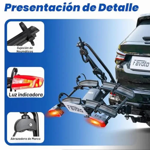 Favoto ▫️ Suporte para bicicletas E-Bike com rampa dobrável – Suporte de bola para 2 bicicletas (60 kg), em alumínio, antirroubo, luzes de 13 pinos e suporte para matrícula 6