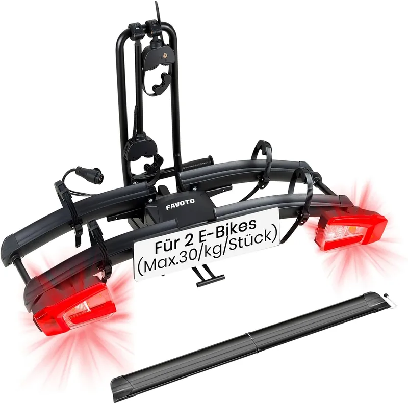 Favoto ▫️ Suporte para bicicletas E-Bike com rampa dobrável – Suporte de bola para 2 bicicletas (60 kg), em alumínio, antirroubo, luzes de 13 pinos e suporte para matrícula