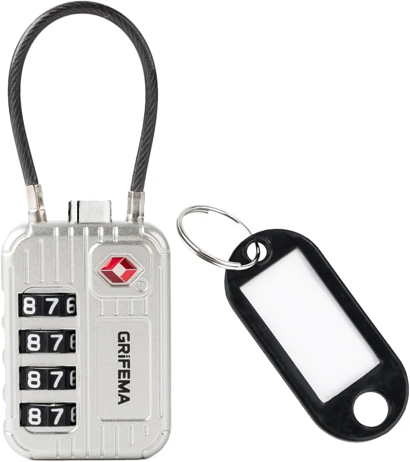 GRIFEMA ▫️ Cadeado TSA com combinação de 4 dígitos, cabo flexível para malas, bolsas e bagagem de viagem, prateado (1 unidade, GA1008W)