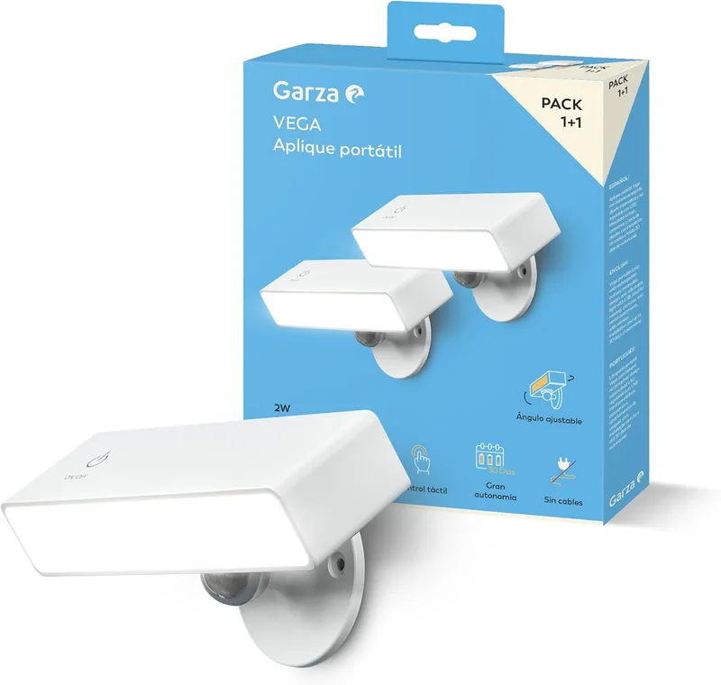 Garza ▫️ Pack 1+1 Aplique de parede LED portátil para interiores Vega 2 W 240 lm, luz regulável 4000 K, bateria de 3000 mAh com autonomia até 30 dias, USB-C, instalação sem fios, design branco