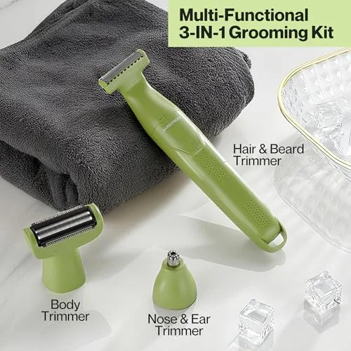 BARBERBOSS ▫️ Aparador de precisão 3 em 1 para homem, kit de cuidados pessoais para barba e cabelo, aparador corporal, aparador para o nariz e as orelhas, máquina de barbear sem fios para homem (Verde) 2