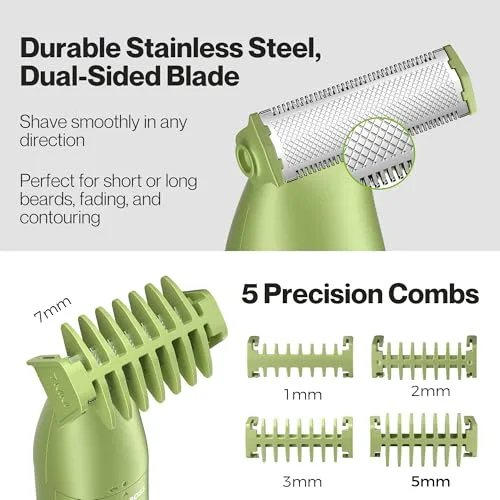 BARBERBOSS ▫️ Aparador de precisão 3 em 1 para homem, kit de cuidados pessoais para barba e cabelo, aparador corporal, aparador para o nariz e as orelhas, máquina de barbear sem fios para homem (Verde) 4