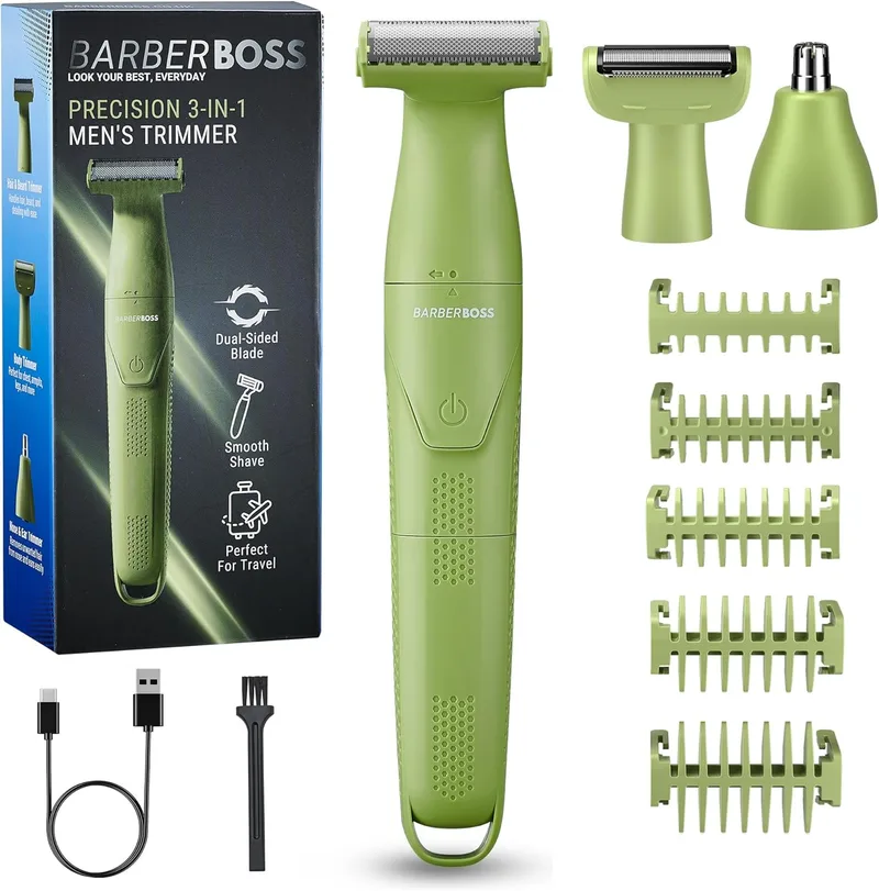 BARBERBOSS ▫️ Aparador de precisão 3 em 1 para homem, kit de cuidados pessoais para barba e cabelo, aparador corporal, aparador para o nariz e as orelhas, máquina de barbear sem fios para homem (Verde)