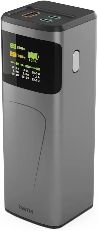 Hama ▫️ Power Bank de alta potência 24 000 mAh, 200 W, USB-C PD, ecrã TFT