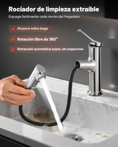VEVOR ▫️ Torneira de lavatório em níquel escovado e aço inoxidável, torneira de cozinha com jato extraível, misturadora monocomando para casa de banho, caravana, bar, resistente à corrosão, 260 x 210 x 52 mm 2