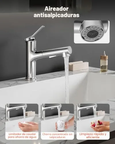 VEVOR ▫️ Torneira de lavatório em níquel escovado e aço inoxidável, torneira de cozinha com jato extraível, misturadora monocomando para casa de banho, caravana, bar, resistente à corrosão, 260 x 210 x 52 mm 4
