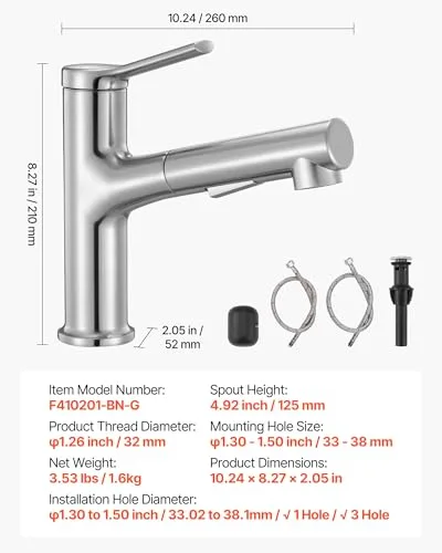 VEVOR ▫️ Torneira de lavatório em níquel escovado e aço inoxidável, torneira de cozinha com jato extraível, misturadora monocomando para casa de banho, caravana, bar, resistente à corrosão, 260 x 210 x 52 mm 7