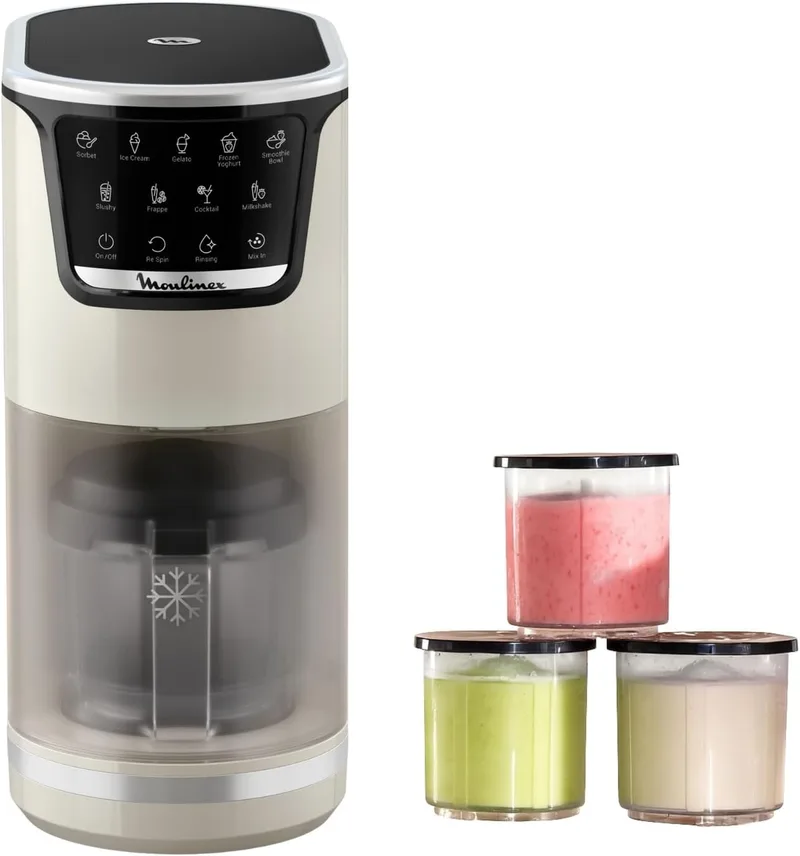 Moulinex ▫️ Dolci, Máquina de gelados, 10 programas num só, Limpeza com enxaguamento automático, Tecnologia 1 Step Perfector, Até 1,4 L de gelado utilizando as 3 taças em Tritan, Branca, MJ602AF0
