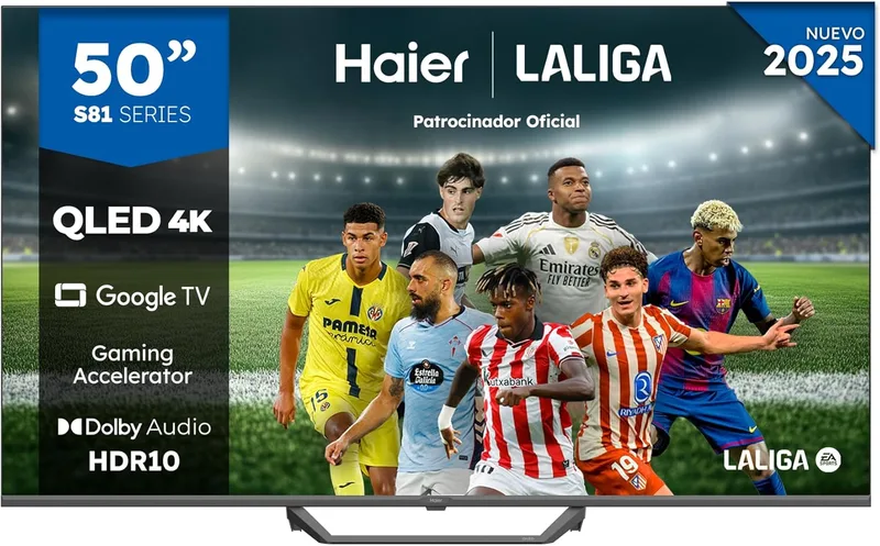 Haier ▫️ QLED 4K UHD H50S81FUX - 50", Smart TV, Google TV, Dolby Audio, HDR 10, Controlo remoto inteligente, Google Assistant, Bluetooth 5.1, Jogos a 120 Hz, USB 2.0, DBX TV, HDMI 2.1 x 4, Sem moldura, 2025
