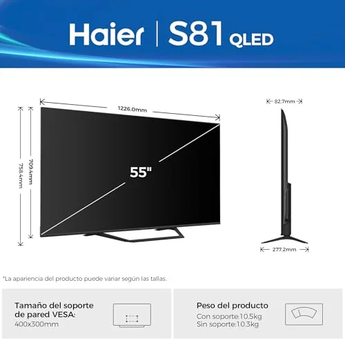 Haier ▫️ QLED 4K UHD H55S81FUX - 55", Smart TV, Google TV, Dolby Audio, HDR 10, comando remoto inteligente, Google Assistant, Bluetooth 5.1, 120 Hz para jogos, USB 2.0, DBX TV, 4 portas HDMI 2.1, ecrã sem moldura, 2025 2