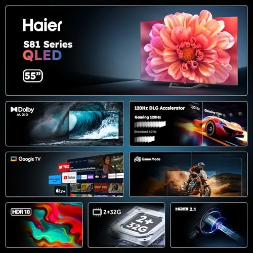 Haier ▫️ QLED 4K UHD H55S81FUX - 55", Smart TV, Google TV, Dolby Audio, HDR 10, comando remoto inteligente, Google Assistant, Bluetooth 5.1, 120 Hz para jogos, USB 2.0, DBX TV, 4 portas HDMI 2.1, ecrã sem moldura, 2025 4