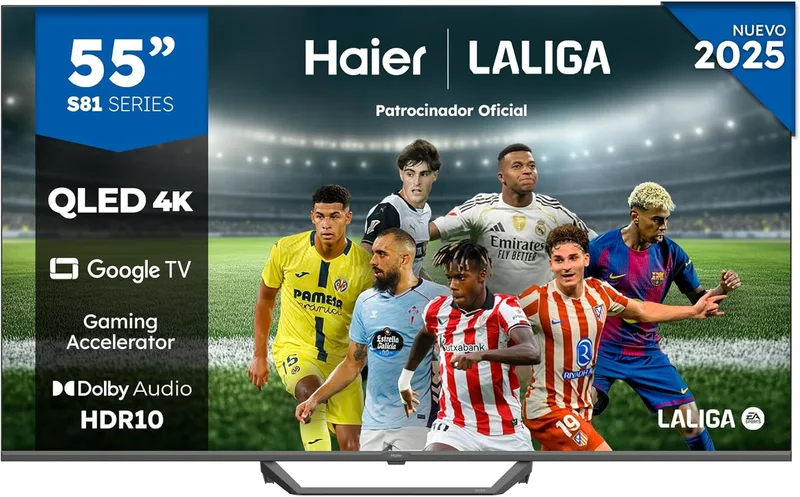 Haier ▫️ QLED 4K UHD H55S81FUX - 55", Smart TV, Google TV, Dolby Audio, HDR 10, comando remoto inteligente, Google Assistant, Bluetooth 5.1, 120 Hz para jogos, USB 2.0, DBX TV, 4 portas HDMI 2.1, ecrã sem moldura, 2025