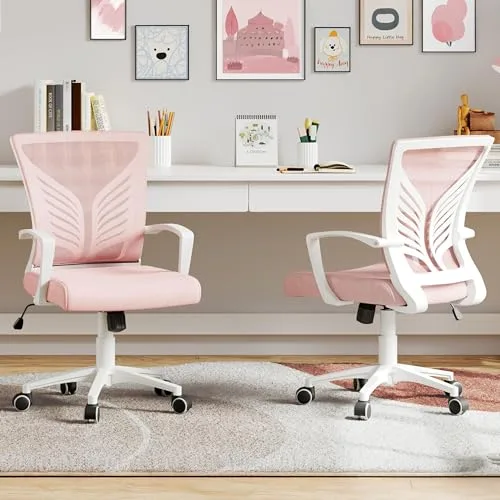 Yaheetech ▫️ Yaheetch Conjunto de 2 Cadeiras de Escritório em Malha com Função de Inclinação, Cor-de-rosa 2