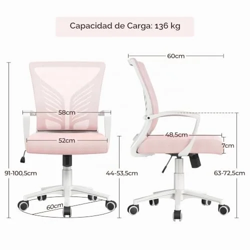 Yaheetech ▫️ Yaheetch Conjunto de 2 Cadeiras de Escritório em Malha com Função de Inclinação, Cor-de-rosa 3
