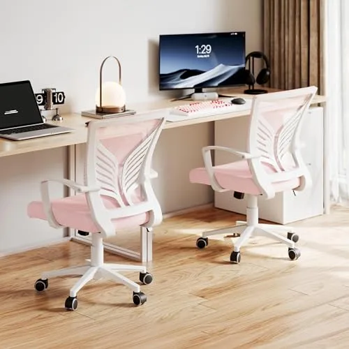 Yaheetech ▫️ Yaheetch Conjunto de 2 Cadeiras de Escritório em Malha com Função de Inclinação, Cor-de-rosa 4