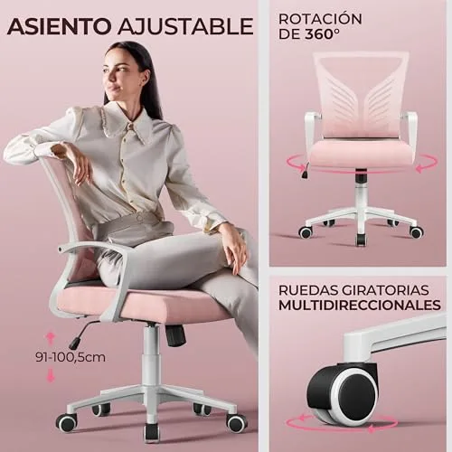Yaheetech ▫️ Yaheetch Conjunto de 2 Cadeiras de Escritório em Malha com Função de Inclinação, Cor-de-rosa 5