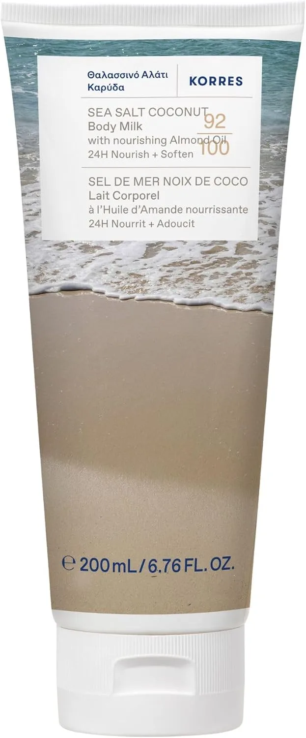 KORRES ▫️ SEA SALT COCONUT Leite Corporal com óleo de amêndoa nutritivo, para 24 horas de cuidado e suavidade, vegan, sem silicones nem parabenos, 200 ml