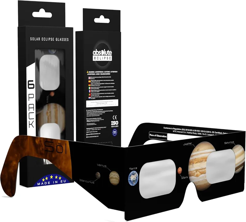 Absolute Eclipse ▫️ Óculos para eclipse solar certificados pela norma ISO 12312-2 e CE (EPI) | Lentes para eclipse solar | Fabricante europeu reconhecido AAS | Eclipse total em Espanha em 2026 | Mais de 55 modelos | Pacotes de 1/2/6/10/50/100