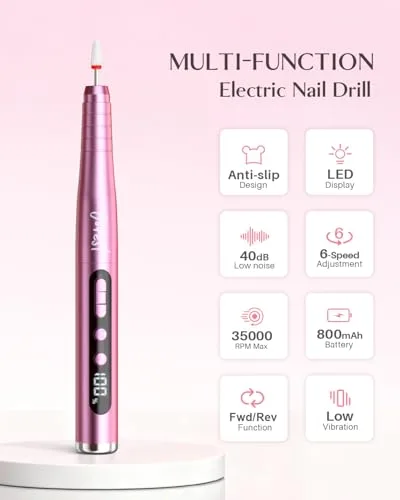 Jorest ▫️ 13 em 1 - Lixa Elétrica Profissional para Unhas, 35 000 RPM, 6 Velocidades Ajustáveis, Conjunto de Manicura e Pedicura, Polidor, Broca para Unhas de Gel, Removedor de Cutículas, Manicure, Rosa 2