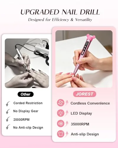 Jorest ▫️ 13 em 1 - Lixa Elétrica Profissional para Unhas, 35 000 RPM, 6 Velocidades Ajustáveis, Conjunto de Manicura e Pedicura, Polidor, Broca para Unhas de Gel, Removedor de Cutículas, Manicure, Rosa 3