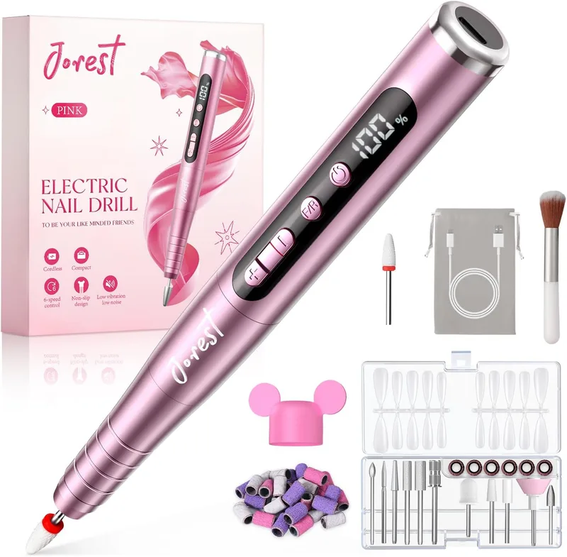Jorest ▫️ 13 em 1 - Lixa Elétrica Profissional para Unhas, 35 000 RPM, 6 Velocidades Ajustáveis, Conjunto de Manicura e Pedicura, Polidor, Broca para Unhas de Gel, Removedor de Cutículas, Manicure, Rosa