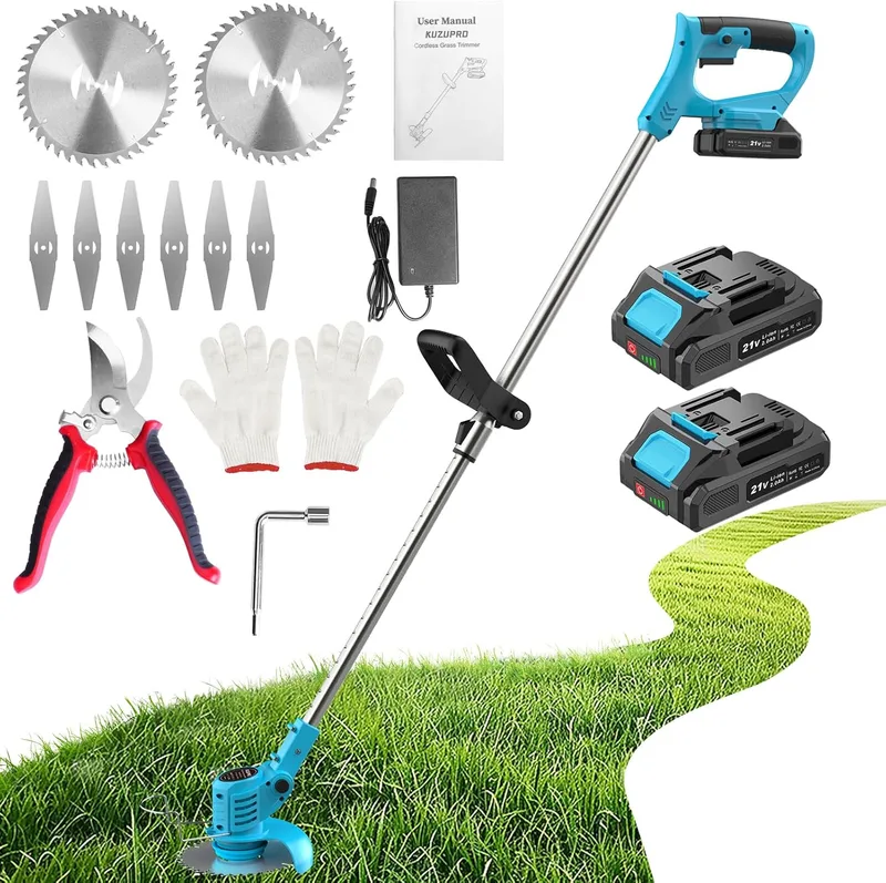 KUZUPRO ▫️ Cortador de escovas a bateria 21V, Cortador de escovas elétrico com 2 baterias 2.0Ah, 2 tipos de cortador a bateria, Cortador de escovas sem fio, Cortador de escovas sem fio com cabeça ajustável, Tesoura de poda de jardim, Poda de jardim com cabeça ajustável