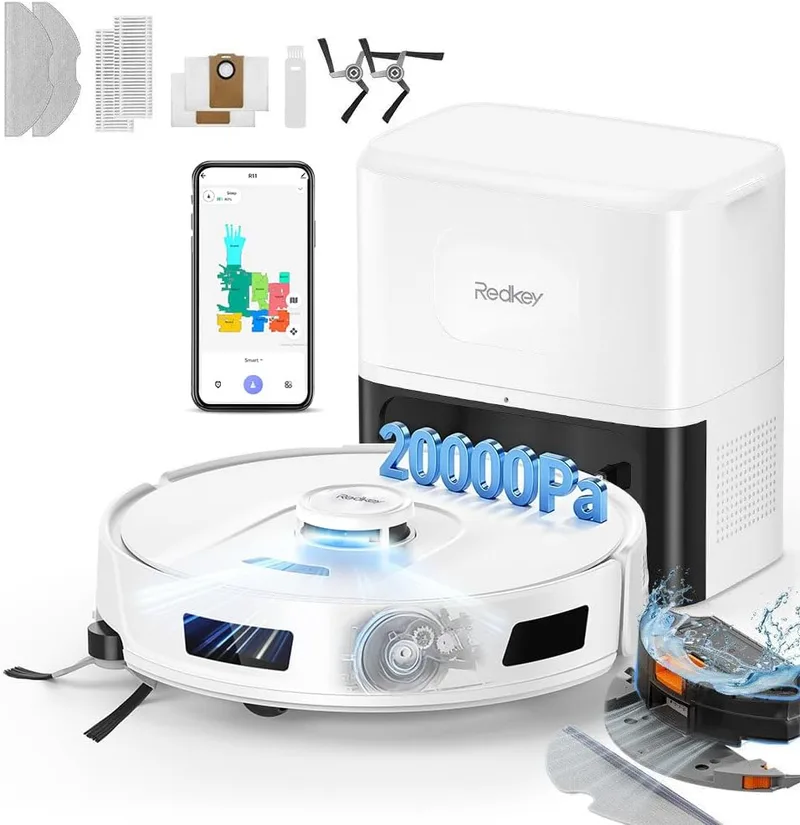 Redkey ▫️ Aspirador de pó robô R11, aspirador de pó robô 20,000Pa com base autodrenante de 4L, anti-emaranhado de cabelo, navegação LiDAR, controle de aplicativo, ideal para tapetes e pêlos de animais