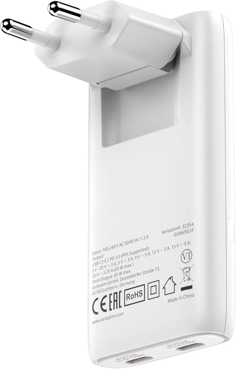 Verbatim ▫️ Carregador Fold 'n' Go GAN de 65 W com 2 portas USB-C, carregador dobrável PD 3.0 compacto, carregamento rápido e conector múltiplo para Apple MacBook, portáteis, iPad, iPhone 15 - iPhone 17, Samsung, várias cores
