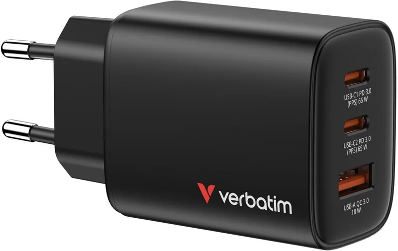 Verbatim ▫️ Essentials GAN Charger - Carregador com 2 portas USB-C PD 3.0, 1 porta USB-A QC 3.0, carregador rápido e adaptador múltiplo para Apple MacBook, portáteis, iPad, iPhone 15 - iPhone 17, Samsung